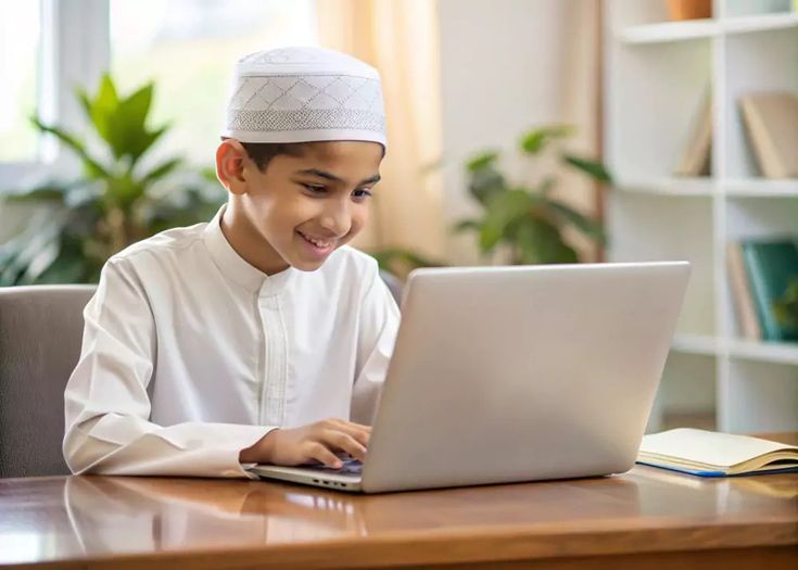 Smiling Muslim boy learning Quran online